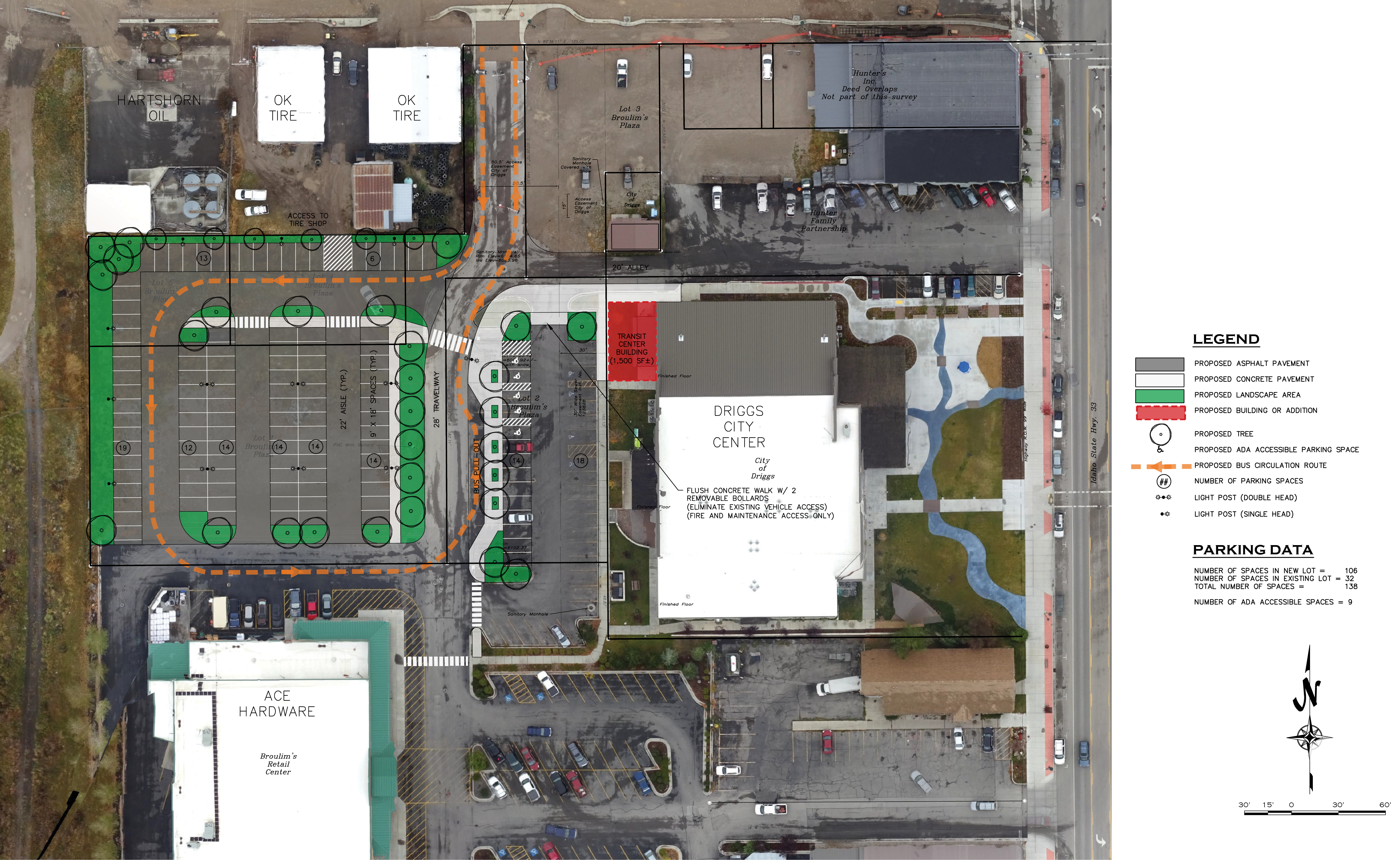 Schematic showing new parking lot west of the Driggs City Center and north of Ace Hardware.