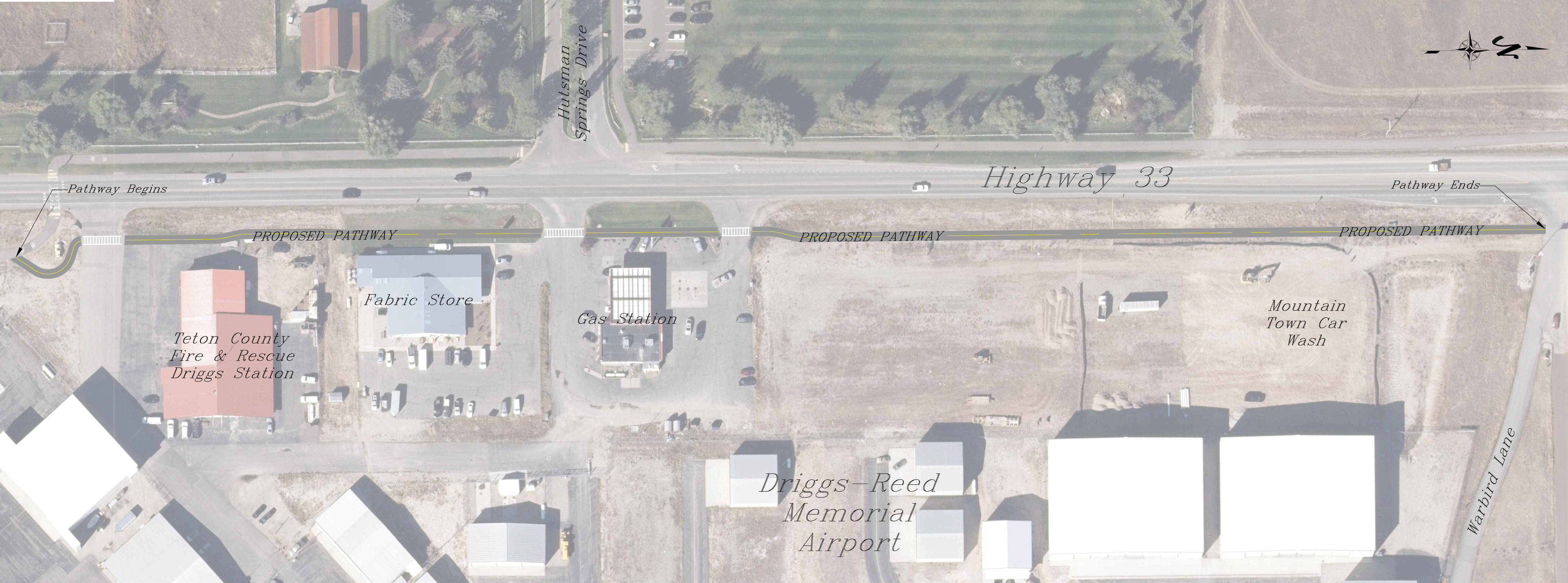 Schematic showing proposed pathway along the west side of Highway 33 near the Driggs-Reed Memorial Airport