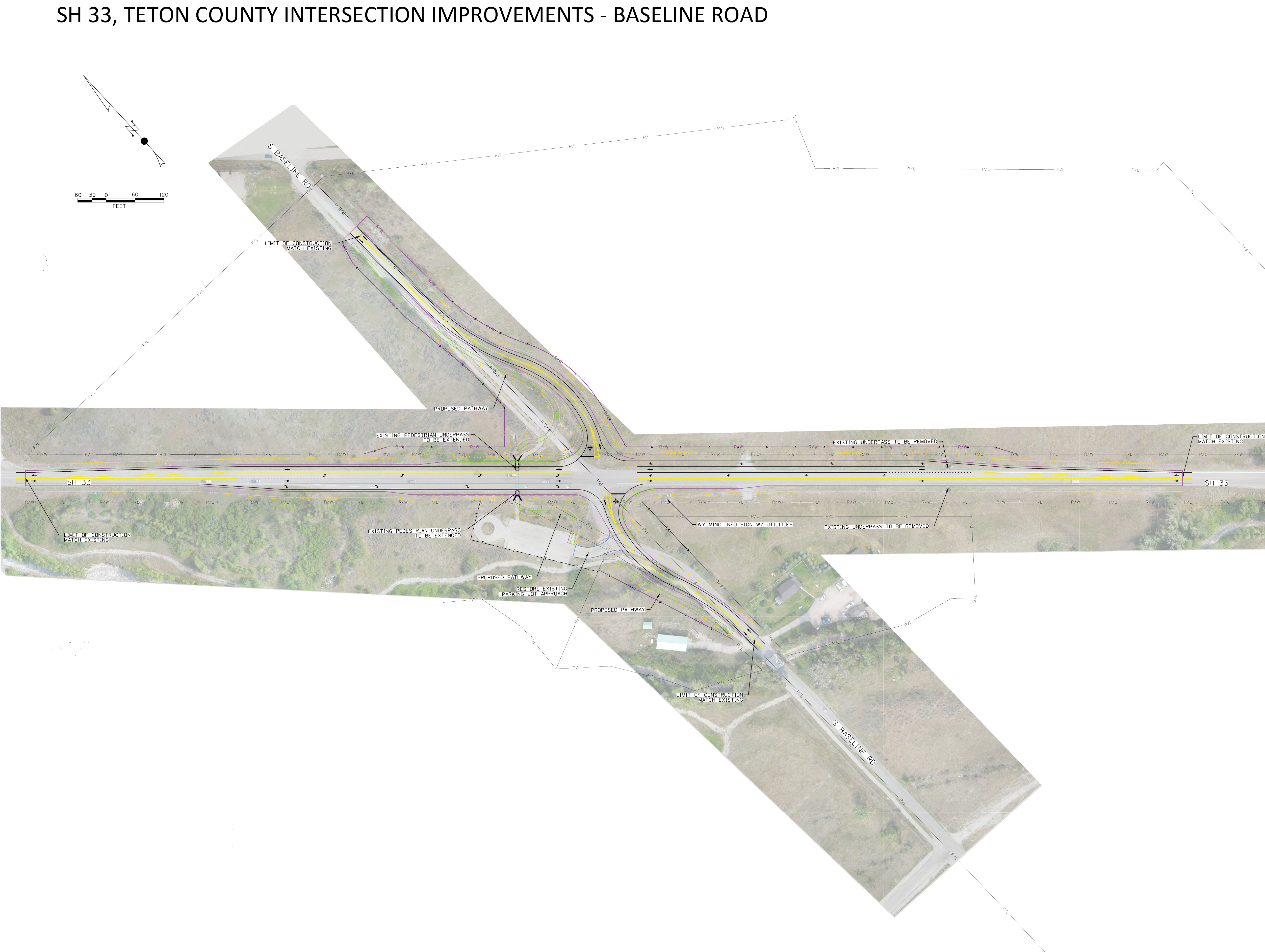 Schematic showing proposed turn lane re-alignments and pathway re-alignments at ID-33 and Baseline Road.